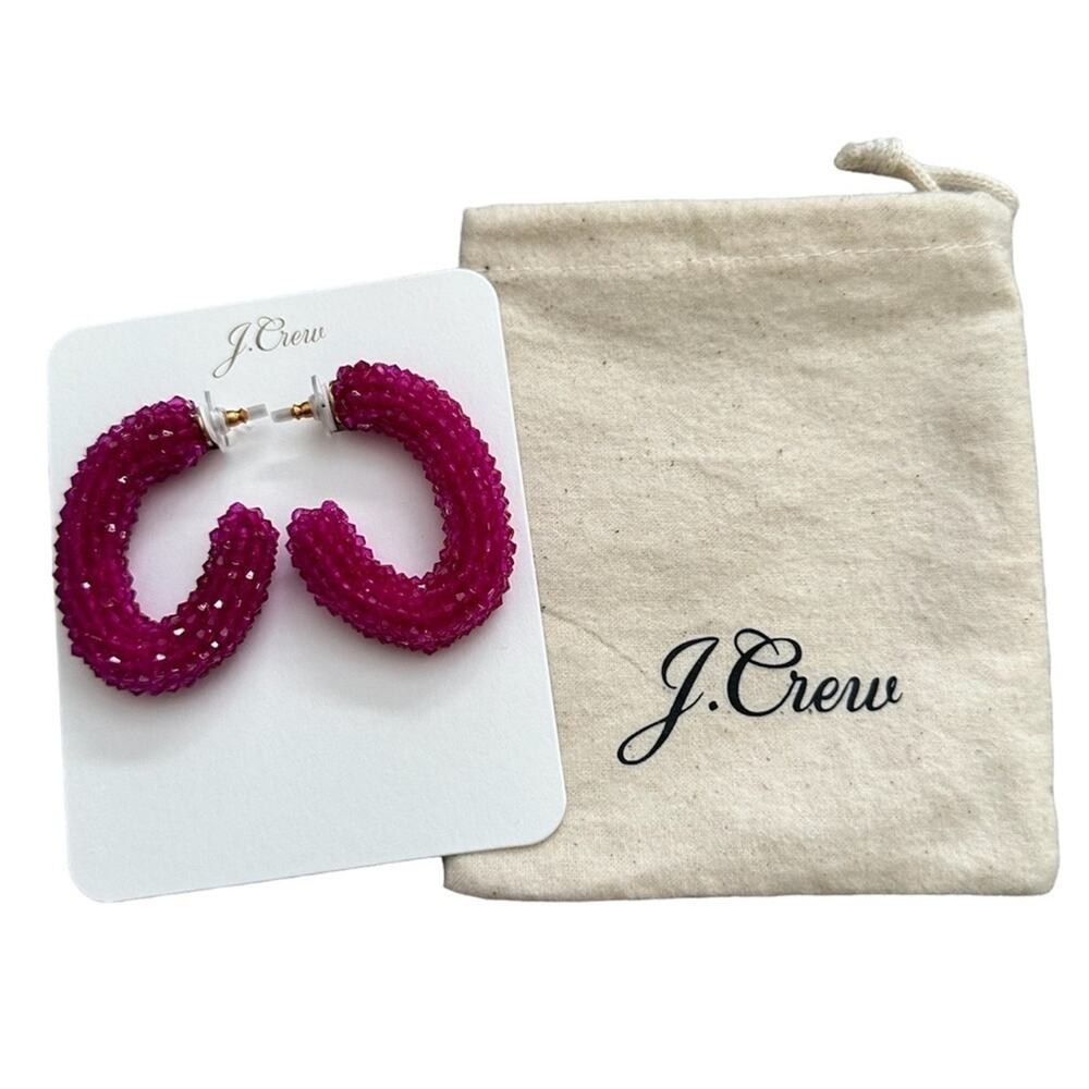 J. Crew Festival Pink Woven Beaded Hoop Earrings NEW